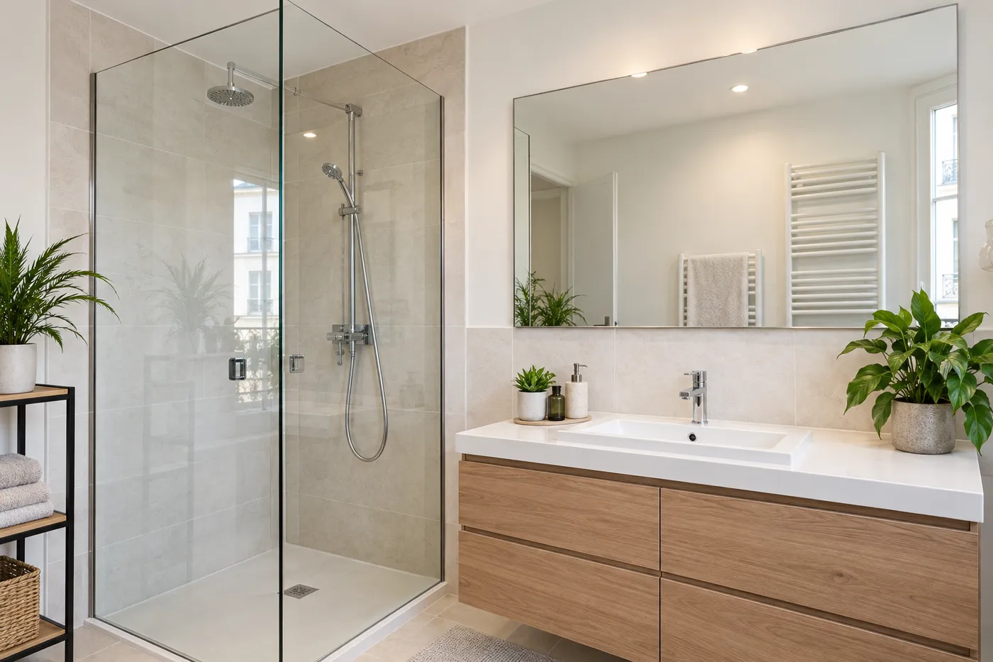 Salle de bains avec paroi de douche en verre clair et grand miroir mural posés