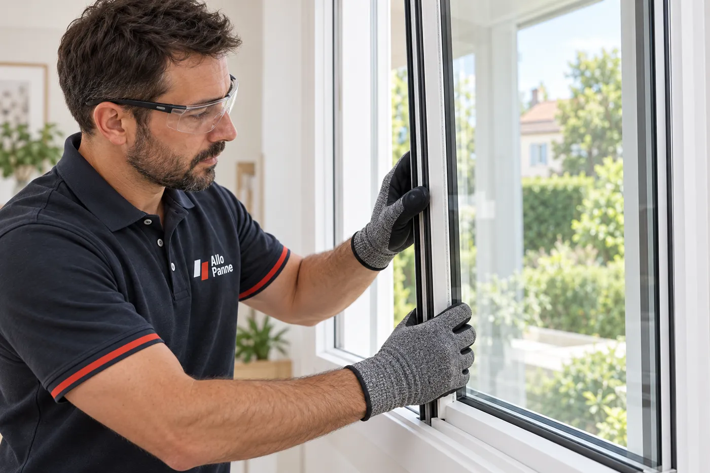 Vitrier posant un double vitrage isolant neuf dans une fenêtre en PVC blanc