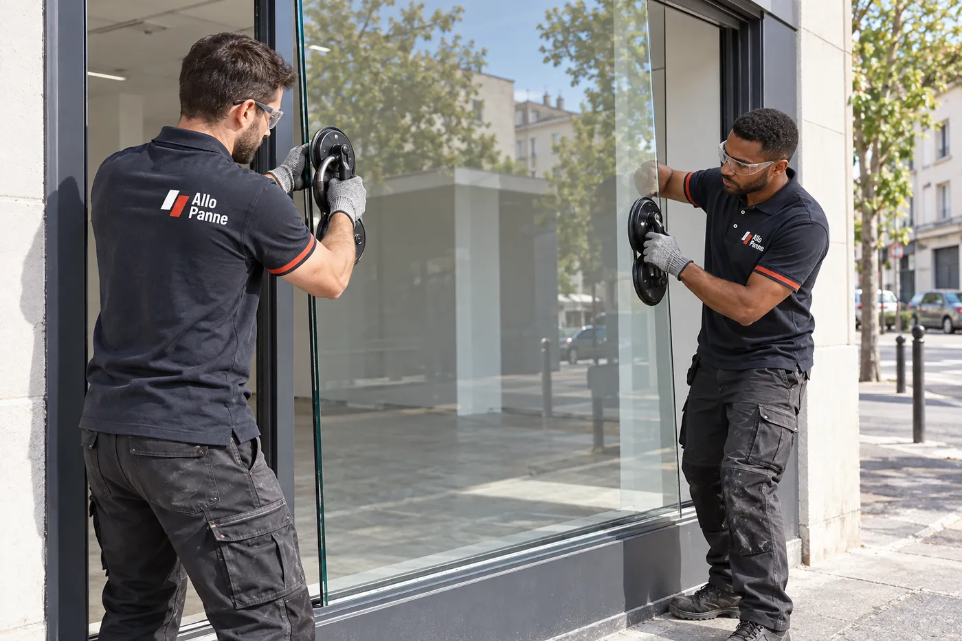 Deux vitriers posant un grand verre de vitrine avec des ventouses sur un commerce de Seine-Saint-Denis